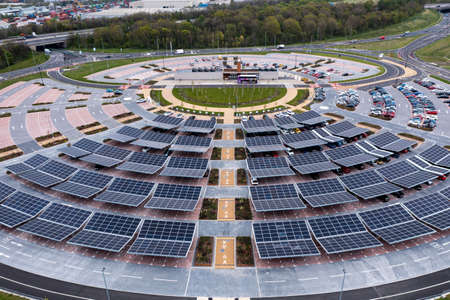 STOURTON, LEEDS, UK - APRIL 25, 2022.  An aerial view of the newly built Park and Ride  area in Stourton, East Leeds providing parking for people and a bus service to the centre of Leeds city.のeditorial素材
