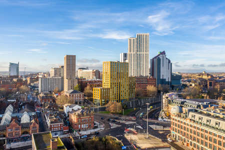 LEEDS, UK - JANUARY 12, 2022.  An aerial view of the buildings and architecture in the financial district of downtown Leeds in West Yorkshireのeditorial素材