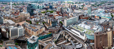 BIRMINGHAM, UK - MAY 24, 2022.  An aerial view of Birmingham city centre with The Radisson Blu Hotel skyscraper, New Street Train Station and The Bullring shopping Mallのeditorial素材
