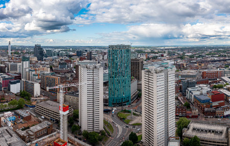 BIRMINGHAM, UK - MAY 24, 2022.  An aerial view of Birmingham city centre with The Radisson Blu Hotel skyscraper, New Street Train Station and The Bullring shopping Mallのeditorial素材