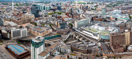 BIRMINGHAM, UK - MAY 24, 2022.  An aerial view of Birmingham city centre with The Radisson Blu Hotel skyscraper, New Street Train Station and The Bullring shopping Mallのeditorial素材