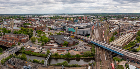 DONCASTER, UK - MAY 12, 2022.  An aerial cityscape view of Doncaster town skyline with train station and Frenchgate centre having been granted city status during the Platinum Jubileeのeditorial素材