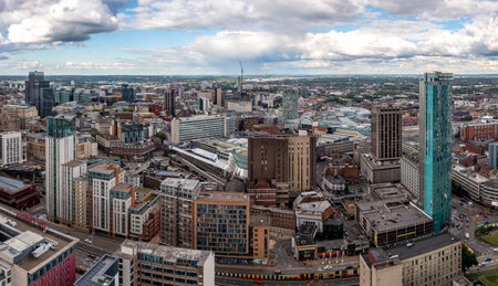 BIRMINGHAM, UK - MAY 24, 2022.  An aerial view of Birmingham city centre with The Radisson Blu Hotel skyscraper, New Street Train Station and The Bullring shopping Mallのeditorial素材