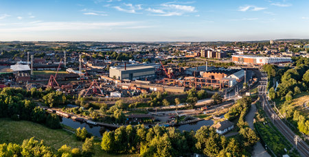 ROTHERHAM, UK - JULY 7, 2022.  An aerial view of Rotherham cityscape in South Yorkshire with The New York Football Stadium which is hosting the Women's Euro 2022 football championshipsのeditorial素材