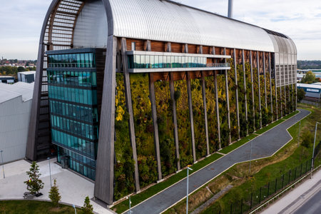 LEEDS, UK - OCTOBER 3, 2022.  An aerial view of the Veolia Recycling and Energy Recovery Plant in Leeds with a living wall or vertical garden for net zero output and carbon captureのeditorial素材