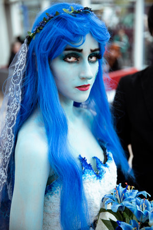 BIRMINGHAM NEC, UK - NOVEMBER 13, 2022.  A portrait of a female cosplayer dressed as the Corpse Bride at MCM Birmingham Comic Con 2022.のeditorial素材