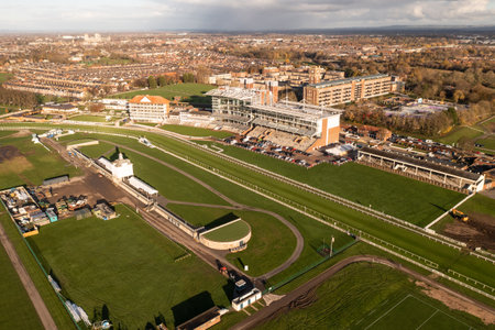 YORK RACECOURSE, UK - DECEMBER 3, 2022.  An aerial view of York Racecourse with Grandstand and...