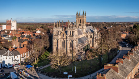 SELBY, NORTH YORKSHIRE, UK - JANUARY 16, 2023.  An aerial view of the Yorkshire market town of Selby with the ancient architecture of Selby Abbey prominentのeditorial素材