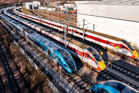 DONCASTER, UK - JANUARY 17, 2023.  Aerial view of unused passenger trains from LNER and Trans Pennine during the rail workers strike and industrial action on the UK railway industryのeditorial素材