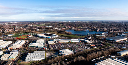 DONCASTER, UK - JANUARY 20, 2023. Aerial view of the Lakeside Village shopping centre and Doncaster Rovers Football Club Eco Power stadiumのeditorial素材