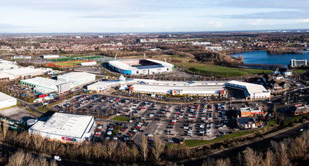 DONCASTER, UK - JANUARY 20, 2023. Aerial view of the Lakeside Village shopping centre and Doncaster Rovers Football Club Eco Power stadiumのeditorial素材