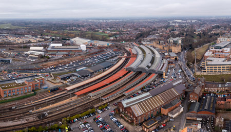 YORK, UK - JANUARY 28, 2023.  An aerial view of the buildings and surrounding area of York train station in North Yorkshireのeditorial素材