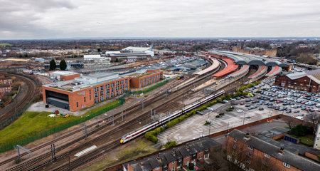 YORK, UK - FEBRUARY 4, 2023.  An aerial view of the buildings and surrounding area of York train...