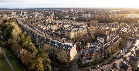 HARROGATE, UK - FEBRUARY 18, 2023.  An aerial view of the North Yorkshire Spa Town of Harrogate with...
