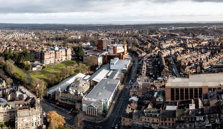 HARROGATE, UK - FEBRUARY 18, 2023.  An aerial view of the North Yorkshire Spa Town of Harrogate with the Victorian architecture of The Majestic Hotel and Royal Hall Exhibition Centreのeditorial素材