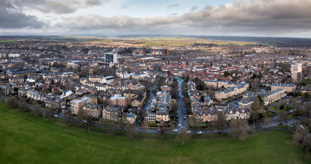 HARROGATE, UK - FEBRUARY 18, 2023.  An aerial view of the North Yorkshire Spa Town of Harrogate with Victorian architecture and The Stray public parkのeditorial素材