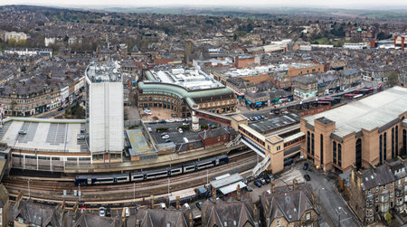HARROGATE, UK - APRIL 15, 2023.  An aerial cityscape of Harrogate railway station and Victoria Shopping Centre in the town centreのeditorial素材