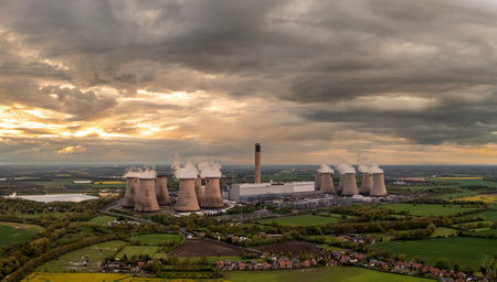 DRAX POWER STATION, SELBY, UK - MAY 5, 2023.  Aerial landscape view of Drax Power Station in North Yorkshire with smoking chimneys and cooling towers pumping CO2 into the atmosphereのeditorial素材
