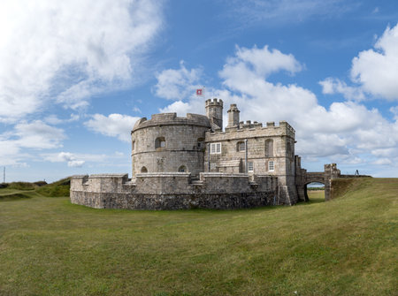 PENDENNIS CASTLE, FALMOUTH, CORNWALL, UK - JULY 5, 2023. A landscape view of the Fortress and Keep at Pendennis Castle, Falmouth which was built by King Henry VIII.のeditorial素材