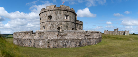 PENDENNIS CASTLE, FALMOUTH, CORNWALL, UK - JULY 5, 2023. A landscape view of the Fortress and Keep...