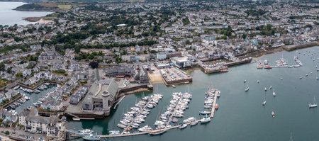 FALMOUTH, CORNWALL, UK - JULY 5, 2023.  Aerial landscape panorama view of the National Maritime Museum and harbour in  the Cornish seaside town of Falmouthのeditorial素材
