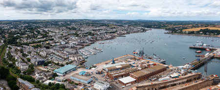 FALMOUTH, CORNWALL, UK - JULY 5, 2023.  Aerial landscape panorama view of the docks and harbour in Falmouth with Royal Navy fleet auxillary ships docked for resupplyのeditorial素材