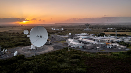 GOONHILLY SATELLITE EARTH STATION, CORNWALL, UK - JULY 2, 2023.  Aerial view of a satellite dishes...