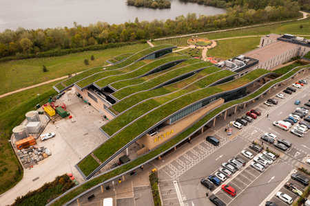 SKELTON LAKE SERVICE STATION, LEEDS, UK - MAY 4, 2023.  Aerial view of the extensive wildflower green or living roof at the Skelton Lake motorway services near Leeds.のeditorial素材