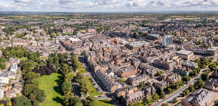 An aerial cityscape of Harrogate town with historic Victorian architecture on a sunny dayのeditorial素材