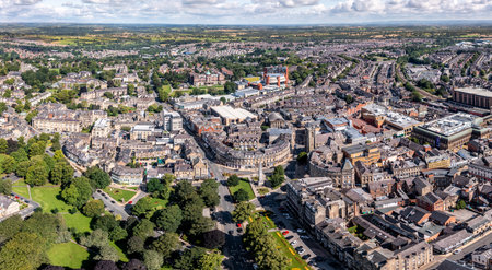 An aerial cityscape of Harrogate town centre with historic Victorian architecture in the Prospect square and Montpellier Quarter districtのeditorial素材