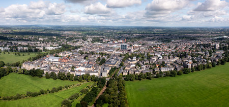 An aerial cityscape of Harrogate town centre with The Stray public park and Victorian architectureのeditorial素材
