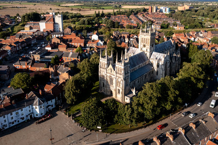 SELBY, NORTH YORKSHIRE, UK - AUGUST 8, 2023.  Aerial townscape skyline view of the ancient architecture of Selby Abbey in the popular North Yorkshire market townのeditorial素材