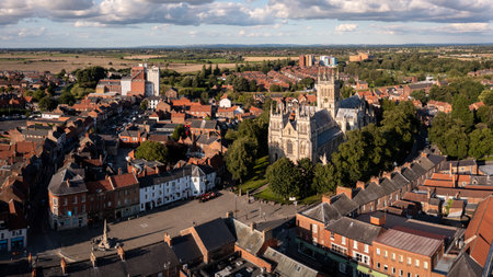 SELBY, NORTH YORKSHIRE, UK - AUGUST 8, 2023.  Aerial townscape skyline view of the ancient architecture of Selby Abbey in the popular North Yorkshire market townのeditorial素材