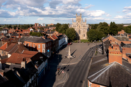 SELBY, NORTH YORKSHIRE, UK - AUGUST 8, 2023.  Aerial townscape skyline view of the ancient architecture of Selby Abbey in the popular North Yorkshire market townのeditorial素材