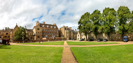 PETERBOROUGH CATHEDRAL, UK - SEPTEMBER 9, 2022.  Landscape panorama of historic buildings including...