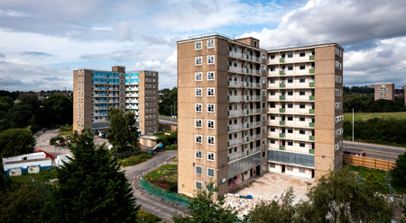 KILLINGBECK, LEEDS, UK - AUGUST 25, 2023.  Abandoned 1960's tower blocks on a council estate in...