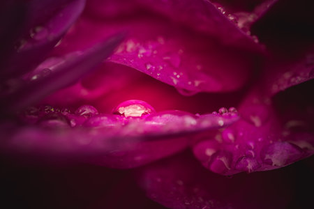 An abstract macro photography close up of beads of water droplets on a delicate pink rose or dahlia...