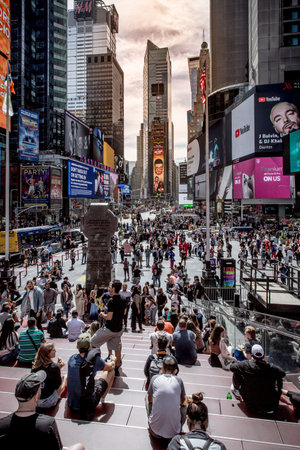 TIMES SQUARE, NEW YORK, USA, - SEPTEMBER 15, 2023. Panoramic view of the buildings and electronic billboards in Times Square New York city with crowds of peopleのeditorial素材