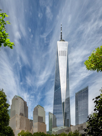 GROUND ZERO, NEW YORK, USA, - SEPTEMBER 16, 2023.  A vertorama landscape of the reflecting pool...