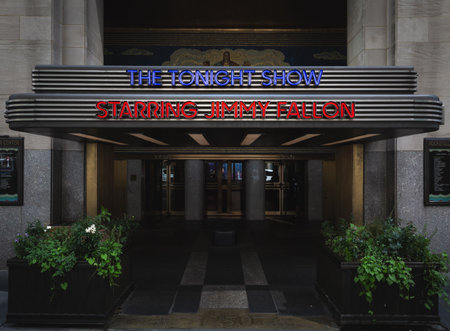 30 ROCKEFELLER CENTER, NEW YORK, USA, - SEPTEMBER 15, 2023.  The entrance to The Rockefeller Center and NBC studios with The Tonight Show Starring Jimmy Fallon famous neon sign in New York Cityのeditorial素材