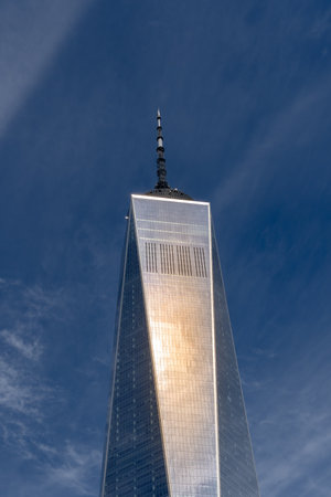 LOWER MANHATTAN, NEW YORK, USA - SEPTEMBER 16, 2023.  A vertical landscape view of The One World...