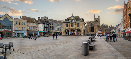 CATHEDRAL SQUARE, PETERBOROUGH, UK - NOVEMBER 14, 2023..  Landscape panorama of historic Guildhall building in Cathedral Square in a Peterborough cityscape skylineのeditorial素材