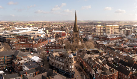 Aerial panorama landscape of the West Yorkshire city of Wakefield in a cityscape skylineの写真素材