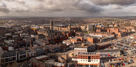 Aerial panorama landscape of the West Yorkshire city of Wakefield in a cityscape skylineの写真素材