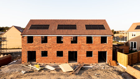 A row of partially built new build houses on a construction site with roof integrated or In-Roof solar panels for cheap and sustainable energy in an eco friendly propertyの写真素材