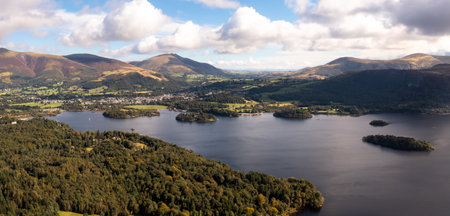 Aerial panoramic landscape of the Lake District town of Keswick in the Northern Lake District with Derwent Water on a beautiful Summer dayの写真素材