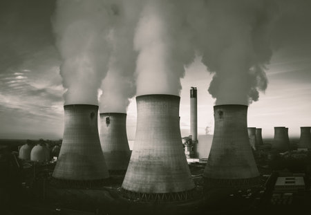A vertical aerial view of a group of cooling towers at a coal fired power station with carbon dioxide emissions in a dirty or polluted air concept in vintage style black and whiteの写真素材