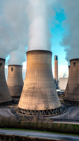 A vertical aerial view of a group of cooling towers at a coal fired power station polluting the air with carbon dioxide emissionsの写真素材