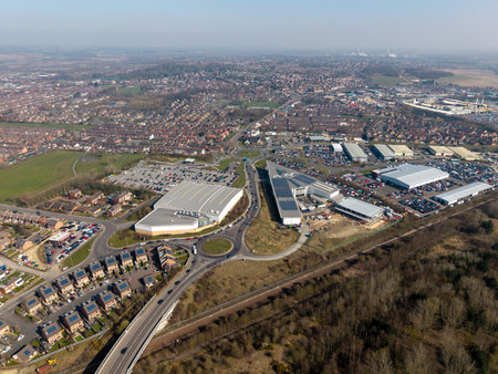 An aerial panorama of Castleford in West Yorkshire, UK from Glasshoughton area with Castleford College and Xscape buildings prominentの写真素材