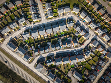 Aerial top down view above a block of newly built affordable suburban homes in the UK with small gardens and built on green belt land due to a housing shortageの写真素材